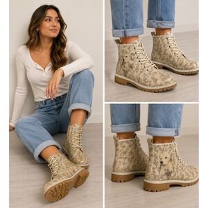 DOGO Long Boots Golden Retriever Floral Print Lace Up Combat Boots Cream Size 39